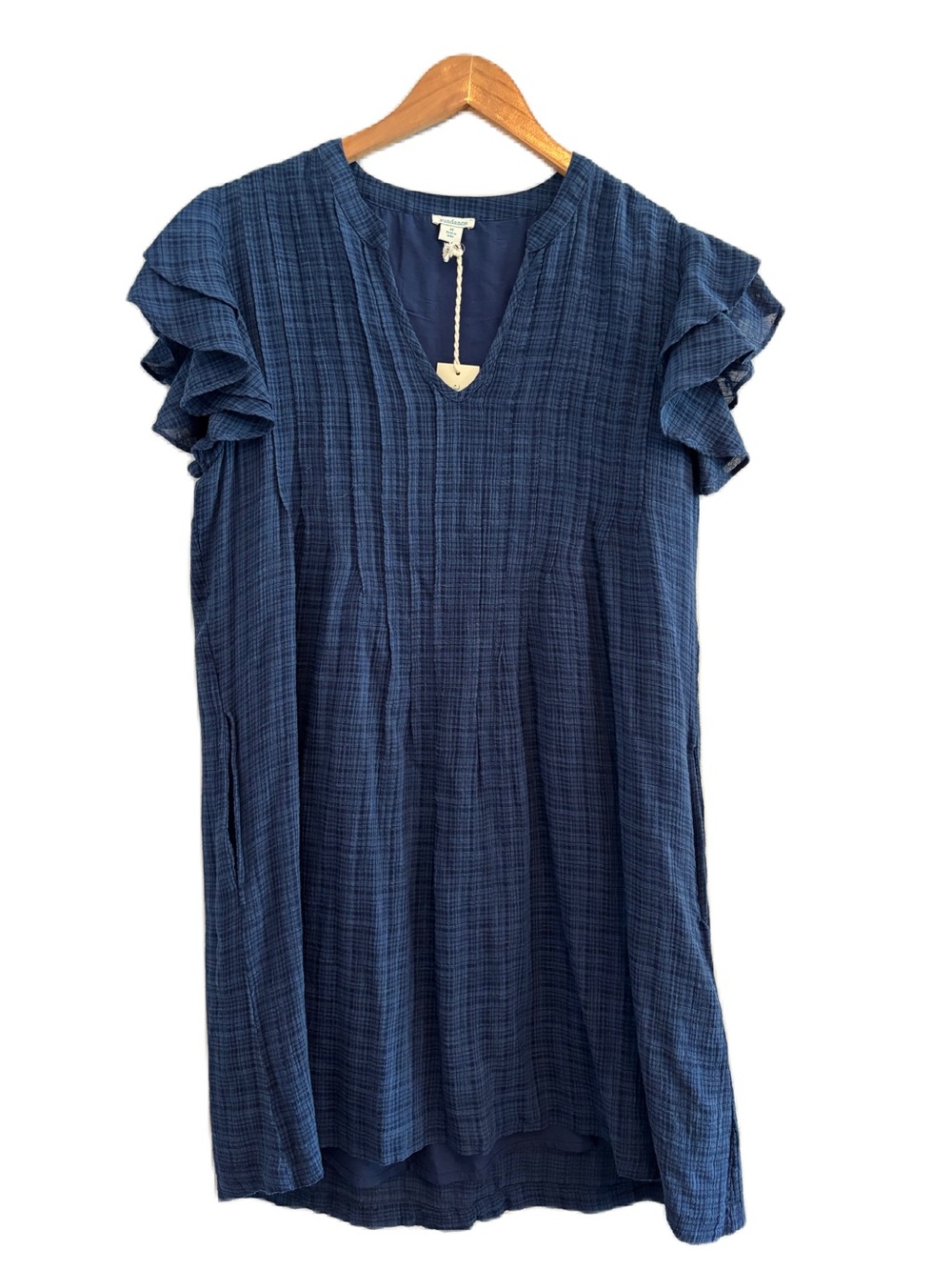 Sundance Navy Textured Midi Dress with Ruffle Sleeves